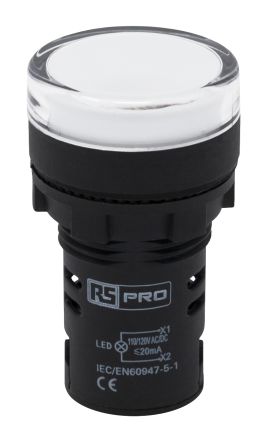 RS PRO Leuchtmelder 110V Ac Weiß, Ausschnitt-Ø 22mm LED Tafelmontage IP 65 Schraub