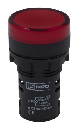 RS PRO Leuchtmelder 110V Ac Rot, Ausschnitt-Ø 22mm LED Tafelmontage IP 65 Schraub