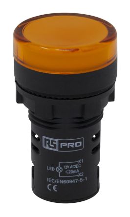 RS PRO Leuchtmelder, 12V Ac/dc Gelb, Ausschnitt-Ø 22mm LED Tafelmontage IP 65 Schraub
