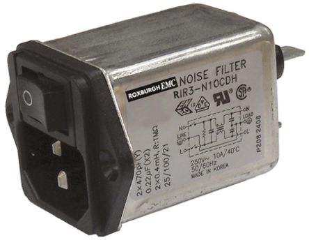 Roxburgh EMC C14 IEC Filter Stecker Mit 2-Pol Schalter, 250 V Ac/dc / 10A, Tafelmontage / Flachsteck-Anschluss