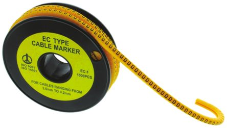 RS PRO Slide On Cable Markers, Black On Yellow, Pre-printed M, 3.6 → 7.4mm Cable