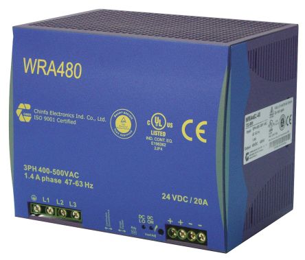 Chinfa WRA 480 3-Phasen DIN-Schienen Netzteil 480W, 400V Ac, 24V Dc / 20A