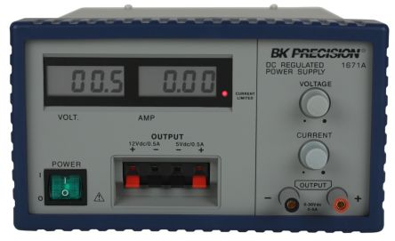 BK Precision 1671A Series Digital Bench Power Supply, 5V, 0 → 5 A, 2 X 0 → 500mA, 3-Output, 158W - UKAS