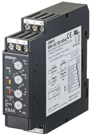 Omron K8AK-AS Überwachungsrelais 1-phasig, 1-poliger Wechsler 500mA Überstrom, Unterstrom 2mA DIN-Schienen
