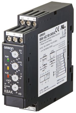 Omron K8AK-AS Überwachungsrelais 1-phasig, 1-poliger Wechsler 200A Überstrom, Unterstrom 10A DIN-Schienen
