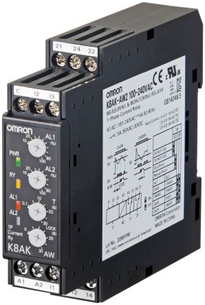 Omron K8AK-AW Überwachungsrelais 1-phasig, 1-poliger Wechsler 5A Überstrom, Unterstrom 0.1A DIN-Schienen