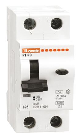 Lovato RCBO P1RB FI/LS-Schalter 20A, 1P+N-polig Typ C, Empfindlichkeit 30mA, DIN-Schienen-Montage