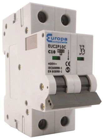 Europa Interruptor Automático 2P, 50A, Curva Tipo C, Poder De Corte 10 KA EUC2P50C, EUC2P, Montaje En Carril DIN
