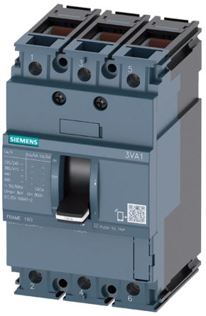 Siemens SENTRON 3VA, Leistungsschalter MCCB 3-polig, 125A / Abschaltvermögen 36 KA 690V 500V, Fest, L. 76.2mm