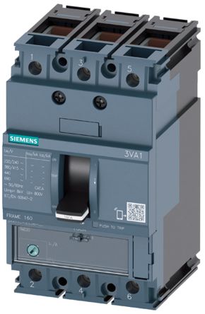 Siemens SENTRON 3VA, Leistungsschalter MCCB 3-polig, 125A / Abschaltvermögen 25 KA 690V 500V, Fest, L. 76.2mm