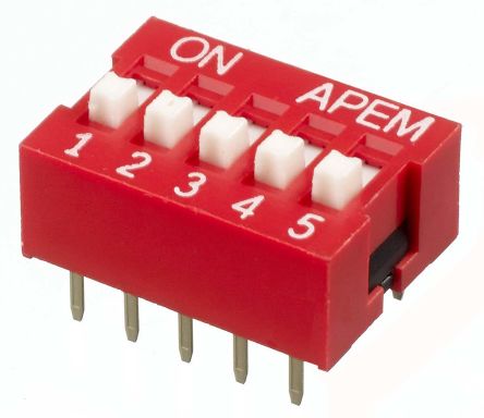 APEM THT DIP-Schalter 5-stellig 1-poliger Ein-/Ausschalter Phosphorbronze 25 MA, Bis +85°C