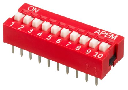 APEM THT DIP-Schalter 10-stellig 1-poliger Ein-/Ausschalter Phosphorbronze 25 MA, Bis +85°C