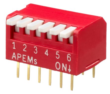 APEM THT DIP-Kippschalter Piano 6-stellig 1-poliger Ein-/Ausschalter Phosphorbronze 25 MA, Bis +70°C