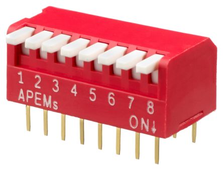 APEM THT DIP-Kippschalter Piano 8-stellig 1-poliger Ein-/Ausschalter Phosphorbronze 25 MA, Bis +70°C