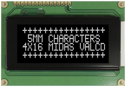 Midas MC41605 Monochrom LCD, Alphanumerisch Vierzeilig, 16 Zeichen, Hintergrund Schwarz Lichtdurchlässig