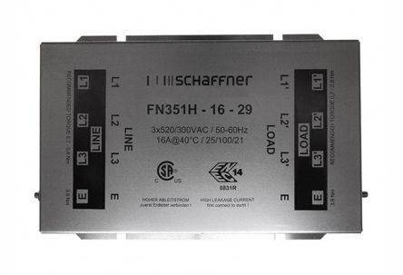 Schaffner FN351 Entstörfilter, 3 X 520/300 V Ac, 16A, Gehäusemontage 8W, Anschlussblock, 3-phasig 2,3 MA / 0 →