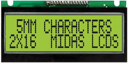 Midas F Monochrom LCD, Alphanumerisch Zweizeilig, 16 Zeichen, Hintergrund Gelbgrün Reflektiv