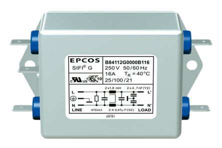 EPCOS B84112G EMV-Filter, 250 V Ac/dc, 12A, Gehäusemontage, Flachstecker, 1-phasig 0,369 MA / 50 → 60Hz Single