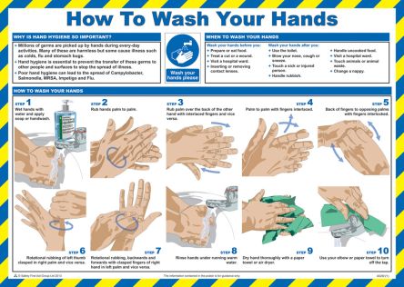 RS PRO Cartel De Seguridad : Guía Sobre Cómo Lavarse Las Manos En Inglés, 590mm X 420 Mm