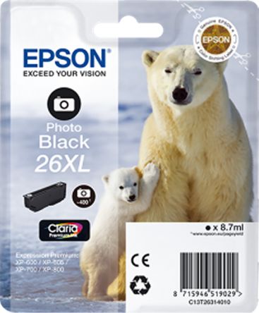 Epson Cartouche D'encre 26XL Photo Noir, Pour Expression Premium XP-600, Expression Premium XP-605,