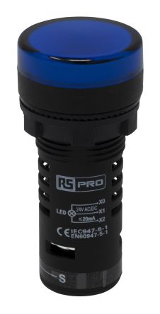 RS PRO Voyant Lumineux LED Bleu 24V C.a. / V C.c., Ø Découpe 22mm, Montage Panneau, IP65