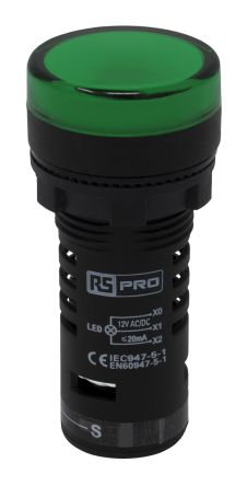 RS PRO Leuchtmelder 12V Ac/dc Grün, Ausschnitt-Ø 22mm LED Tafelmontage IP 65 Schraub