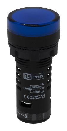 RS PRO Voyant Lumineux LED Bleu 120V C.a. / V C.c., Ø Découpe 22mm, Montage Panneau, IP65