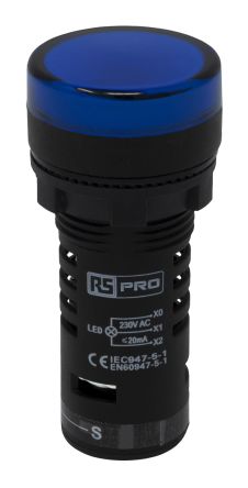 RS PRO Leuchtmelder 230V Ac Blau, Ausschnitt-Ø 22mm LED Tafelmontage IP 65 Schraub