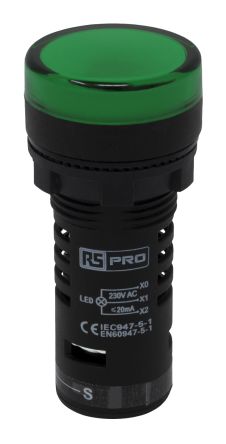 RS PRO Leuchtmelder 230V Ac Grün, Ausschnitt-Ø 22mm LED Tafelmontage IP 65 Schraub