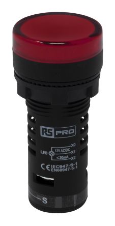 RS PRO Voyant Lumineux LED Rouge 12V C.a. / V C.c., Ø Découpe 22mm, Montage Panneau, IP65