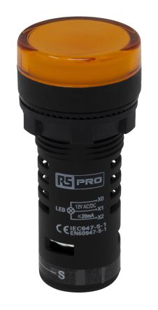 RS PRO, Panel Mount Yellow LED Pilot Light, 22mm Cutout, IP65, Round, 12V Ac/dc