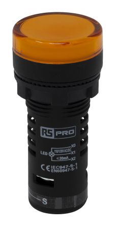 RS PRO, Panel Mount Yellow LED Pilot Light, 22mm Cutout, IP65, Round, 120V Ac/dc