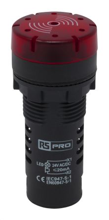 RS PRO, Panel Mount Red LED Pilot Light, 22mm Cutout, IP30, Round, 24V Ac/dc
