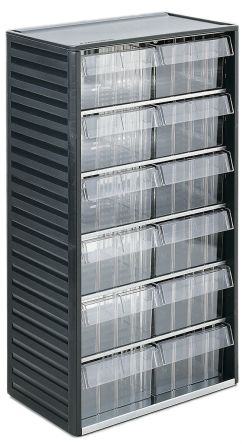 RS PRO 12 Drawer Storage Unit, PP, 550mm X 310mm X 180mm, Grey