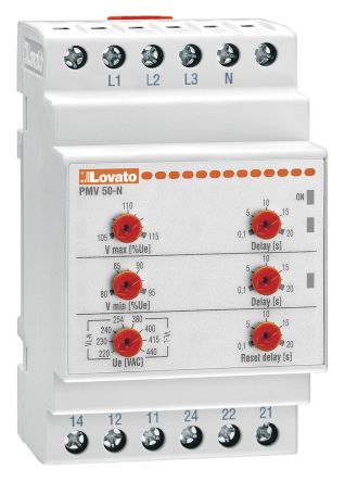 Lovato PMV50 Überwachungsrelais 208 → 240V Ac 3-phasig, 1-poliger Wechsler Eigenversorgung DIN-Schienen