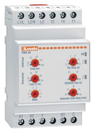 Lovato PMA50 Überwachungsrelais 1, 3-phasig, 1-poliger Wechsler 16A Überstrom, Unterstrom 0.1A DIN-Schienen