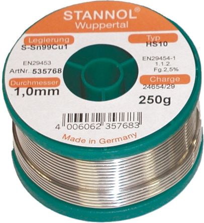 Stannol HS10 Lötzinn Bleifrei 99.3%Sn 0%Pb 0.7%Cu, 227°C, Ø 1mm / 100g