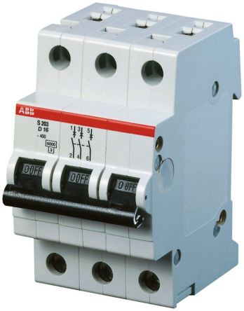 ABB Interruptor Automático 3P, 2A, Curva Tipo D, Poder De Corte 6 KA S203-D2, System Pro M Compact, Montaje En Carril DIN