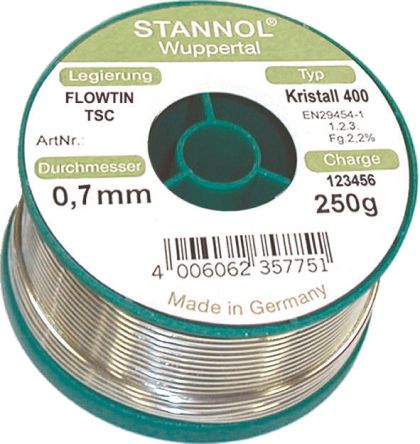 Stannol Kristall 400 Halogenfreies Lötzinn Bleifrei 97.1%Sn 0%Pb 0.3%Cu 2.6%Ag, 217°C, Ø 1mm / 100g