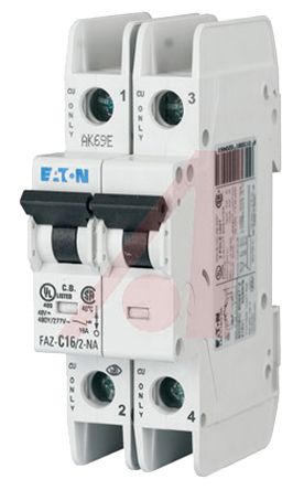 Eaton Interruptor Automático 2P, 16A, Curva Tipo C, Poder De Corte 10 KA FAZ-C16/2-NA, XEffect, Montaje En Carril DIN