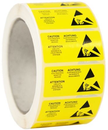 RS PRO Yellow Paper Safety Labels, Electrostatic Sensitive Device-Text 50 mm x 25mm