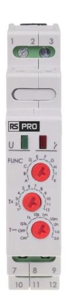 RS PRO DIN Rail Mount Timer Relay, 12 → 264V ac/dc, 1-Contact, 0.1 s → 576h, 10-Function, SPDT