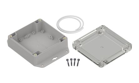 RS PRO Light Grey Polycarbonate General Purpose Enclosure, IP67, Flanged, Transparent Lid, 105 x 105 x 45.1mm