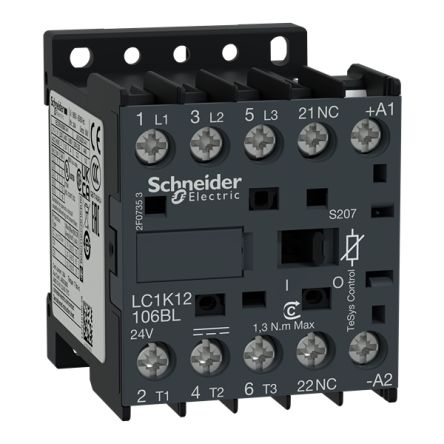 Schneider Electric TeSys LC1K Contactor, 24 V Coil, 3-Pole, 12 A, 3 kW, 3NO, 24 V