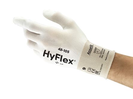 Ansell HyFlex 48-105 White Nylon Breathable Gloves, Size 11, Polyurethane Coating