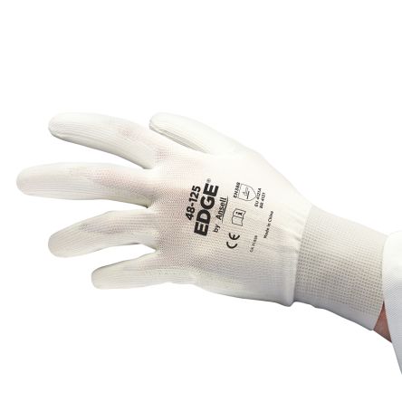 Ansell Edge 48-125 White Polyester Abrasion Resistant, Tear Resistant Work Gloves, Size 11, Polyurethane Coating