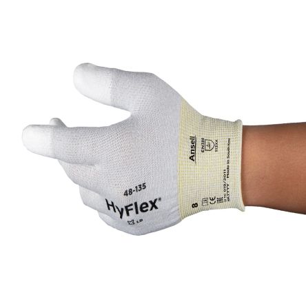Ansell HyFlex 48-135 White Nylon ESD Protection Work Gloves, Size 11, Polyurethane Coating