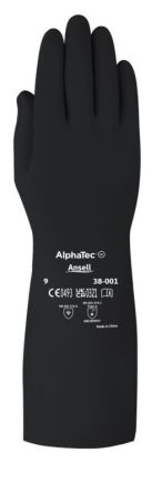 Ansell AlphaTec 38-001 Black Butyle Chemical Resistant Gloves, Size 8, Polymer Coating