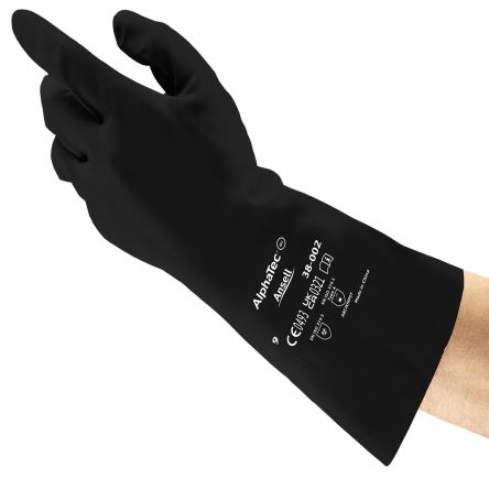 Ansell AlphaTec 38-002 Black Butyle Chemical Resistant Gloves, Size 9, Polymer Coating