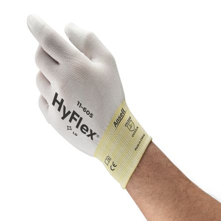 Ansell HyFlex 11-605 White Nylon Abrasion Resistant Gloves, Size 10, Polyurethane Coating